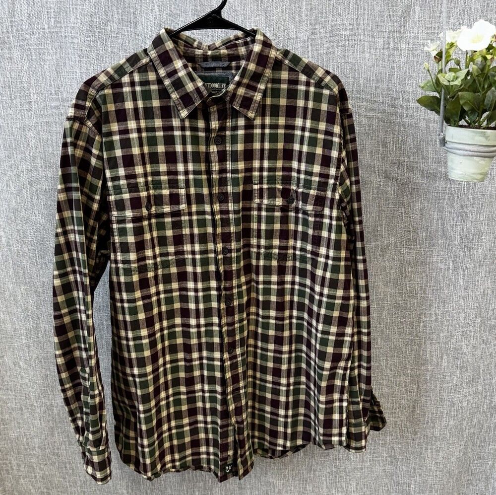 Outdoor Life Mens Button Up Flannel Size L Brown Green Plaid EUC 100% Cotton